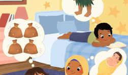 Tres niños en un dormitorio. La niña más pequeña tiene la piel trigueña clara; lleva puesto un overol rojo y se está imaginando tres bolsas mágicas. Otra niña de piel trigueña, con un hiyab y un pantalón rosado, está escribiendo ideas en pedazos de papel. Un tercer niño, de piel trigueña, con una camiseta de rayas está leyendo un libro acostado sobre su estómago en una cama y piensa en un gigante.