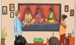 A family is watching a video on a TV. On the screen, three Indian musicians are playing traditional instruments. 