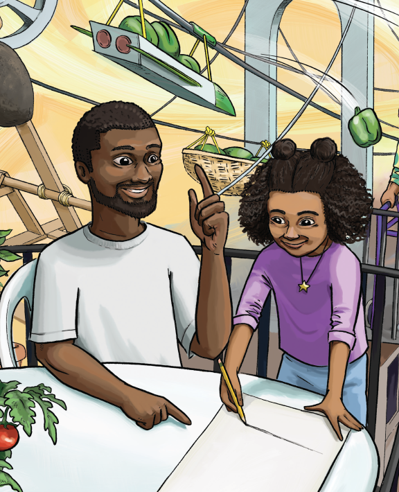 Makayla and her dad, Andre, from the "Pass the peppers" engineering activity sit at a table with a paper and pencil and engineer a solution that will pass peppers from their porch to Makayla's Grandma’s. Grandma stands behind them and green peppers float above them.
